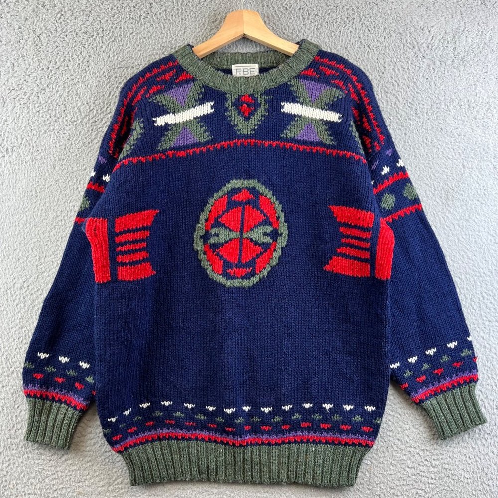 Vintage 90s Fabe Abstract Geometric  All Over Tribal Design sweater size M